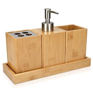 navaris bamboo bathroom accessories set - 4-piece bath set with toothbrush holder, soap dispenser, storage container, organiser tray - natural wood