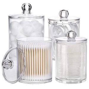 tbestmax 12 oz, 10 oz qtip holder, 4 pcs clear restroom bathroom organizers and storage containers for cotton ball, cotton swab, cotton round pads, floss, plastic apothecary jars set with lids