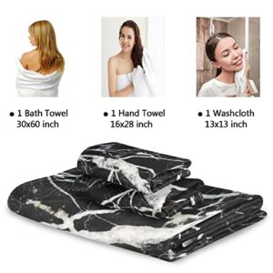 Naanle Black and White Marble Towel 3 Piece Set Bath Towels Set for Bathroom Highly Absorbent Cotton, 1 Large Bath Towel+ 1 Hand Towel+ 1 Washcloth, Pack of 3 Softness Towels for Decoration