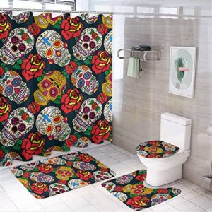 dead day skull shower curtain sets with non-slip rugs, toilet lid cover and bath mat, halloween floral bathroom decor set accessories waterproof shower curtains