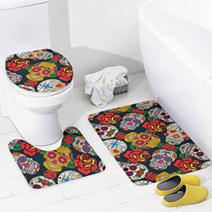 Dead Day Skull Shower Curtain Sets with Non-Slip Rugs, Toilet Lid Cover and Bath Mat, Halloween Floral Bathroom Decor Set Accessories Waterproof Shower Curtains