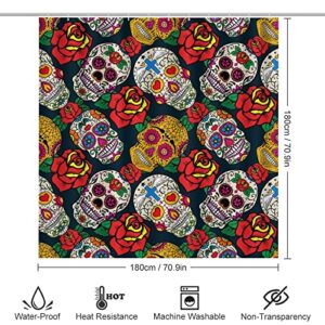Dead Day Skull Shower Curtain Sets with Non-Slip Rugs, Toilet Lid Cover and Bath Mat, Halloween Floral Bathroom Decor Set Accessories Waterproof Shower Curtains