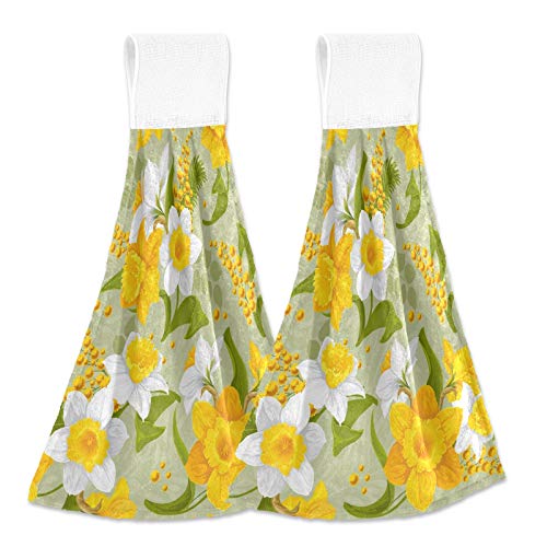 WELLDAY 2 Pcs Hanging Hand Towels Soft Absorbent Daffodils Towel for Kitchen Bathroom