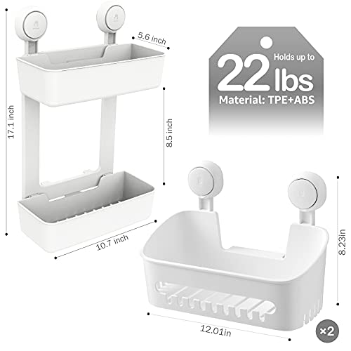 LEVERLOC Shower Caddy Suction Cup Double Layer Shower Shelf One Second Installation Removable Powerful Suction Cup Bathroom Organizer Max Hold 22lbs Waterproof Shower Storage Plastic- White