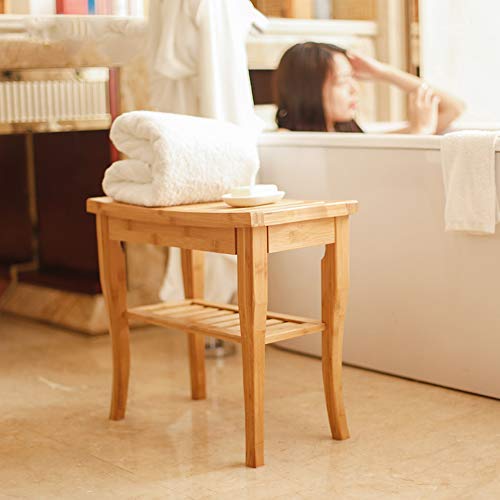 SDHYL Bamboo Bathroom Spa Shower Bench Foot Stool Bathing Seat with Storage Shelf,S7-KS-HSJ-04-US-N