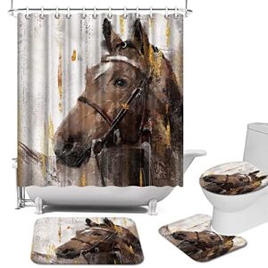 SiMiWOW Horse Shower Curtain Western Cowboy Shower Curtain Set with Rugs Wild Animal Shower Curtain with Hooks,Brown Horse Bath Mat Bath Rugs Bathroom Decor Set of 4 Pieces