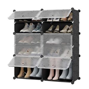 kousi portable shoe rack organizer 12 grids tower shelf storage cabinet stand expandable for heels, boots, slippers, black
