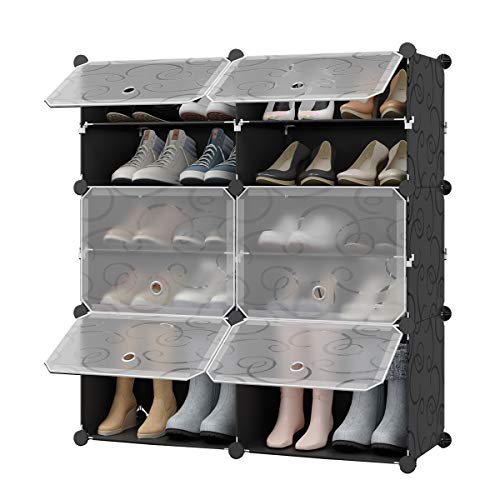 KOUSI Portable Shoe Rack Organizer 12 Grids Tower Shelf Storage Cabinet Stand Expandable for Heels, Boots, Slippers, Black