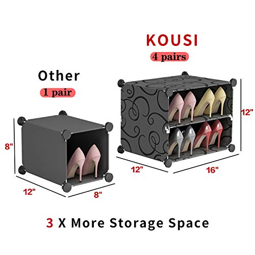 KOUSI Portable Shoe Rack Organizer 12 Grids Tower Shelf Storage Cabinet Stand Expandable for Heels, Boots, Slippers, Black