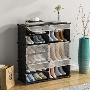 KOUSI Portable Shoe Rack Organizer 12 Grids Tower Shelf Storage Cabinet Stand Expandable for Heels, Boots, Slippers, Black