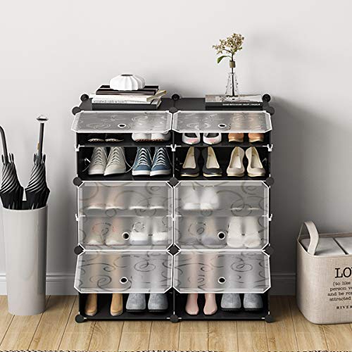 KOUSI Portable Shoe Rack Organizer 12 Grids Tower Shelf Storage Cabinet Stand Expandable for Heels, Boots, Slippers, Black