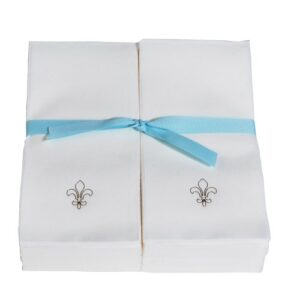 disposable nature's linen guest hand towels with ribbon - personalized with a gold fleur de lis graphic - 50ct.