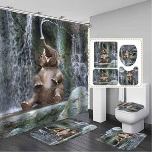 elephant 4-piece set shower curtains waterproof, animal 3d shower curtain set, with non-slip rug, toilet lid cover and bath mat, for bathroom decoration with 12 hooks-65'' x 72''
