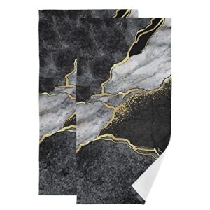 alaza set of 2 premium polyester cotton hand towels abstract black grey gold marble, highly absorbent,28.3 x 14.4in(238ri4a)