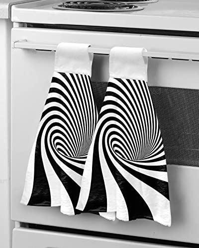 Kewadony 2 Pack Hanging Kitchen Hand Towels, Black White Striped Hand Tie Towels with Hanging Loop, Line Geometric Modern Abstract Art Soft Absorbent Towels Set for Bathroom and Kitchen