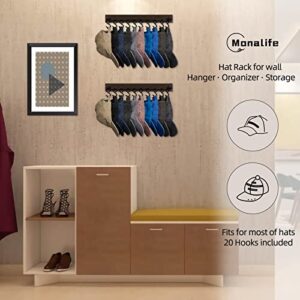 Monalife Hat Rack for Baseball Caps,Wooden Hat Holder Organizer for Wall & Room Storage Display, 2Pack 10 Hat Hanger Clips for Ball Cap Beanie & Accessories, Men- Boys-Women Gift