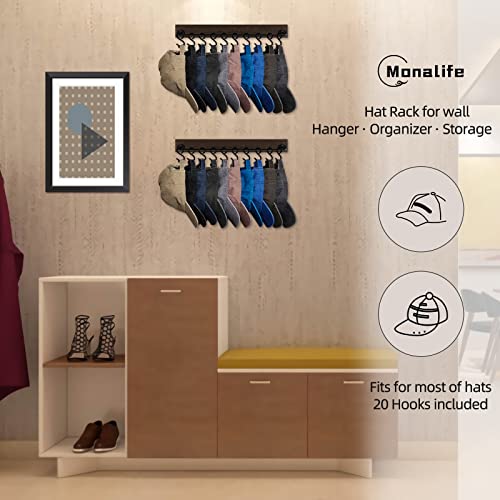 Monalife Hat Rack for Baseball Caps,Wooden Hat Holder Organizer for Wall & Room Storage Display, 2Pack 10 Hat Hanger Clips for Ball Cap Beanie & Accessories, Men- Boys-Women Gift