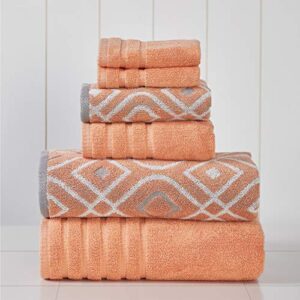modern threads amrapur overseas 6-piece yarn dyed oxford stripe jacquard/solid ultra soft 500gsm 100% combed cotton towel set [coral]