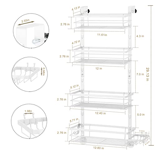 melos White Over The Door Shower Caddy, 4 Tier 29inch Height Adjustable over the door shower organizer Hanging Bathroom Shelf with Soap Holder, No Drilling