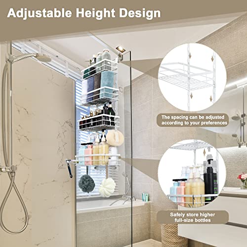 melos White Over The Door Shower Caddy, 4 Tier 29inch Height Adjustable over the door shower organizer Hanging Bathroom Shelf with Soap Holder, No Drilling