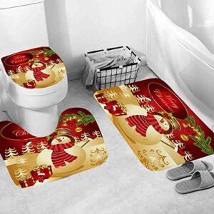 Novobey 4 Pcs Merry Christmas Shower Curtain Sets with Non-Slip Bathroom Rugs, Lid Toilet Cover, Bath Mat, Shower Curtain Christmas Bathroom Decor