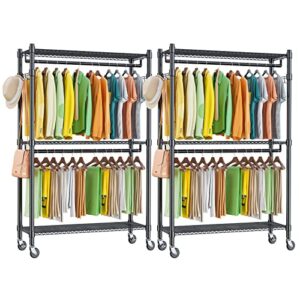 homdox double rod closet 3 shelves wire shelving clothing rolling rack heavy duty garment rack with wheels and side hooks, 2-pack