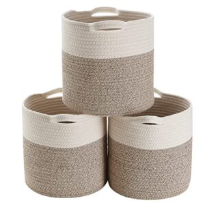 ornavo home 3 pack woven cotton rope storage shelf basket with handles, closet shelf storage fits 12" inch cube - 11x11x11 - white/beige