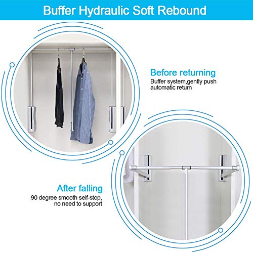 Pull Down Closet Rod Wardrobe Clothes Hanger Rail Lift Closet System Storage Organizer Soft Close Aluminium Garment Hanging Rack for Soft Return Space Saving (Adjustable Width 23.62-33.86inch)