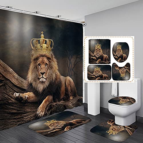 Animal Shower Curtain Set 4 Pieces,Animal Themed Bathroom Curtain Shower Sets with Rugs for Men/Women Shower Stall Curtain for Bathroom Sets Leopard/Tiger/Lion/Cheetah Shower Curtain Sets with Rugs