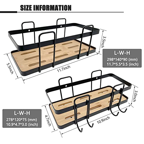 QYQRQF Shower Caddy, 2 Packs Bamboo Shower Organizer with Hooks Adhesive Shower Shelves Rustproof for Inside Shower & Kitchen Storage (Drilling & No Drilling Two Options)