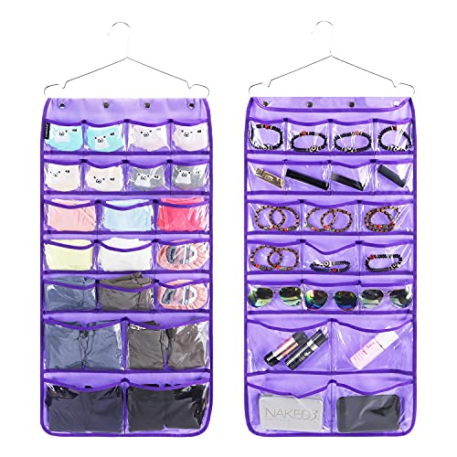 ANZORG Dual Sided Hanging Organizer for Jewelry Makeup Storage Closet Organizers for Bows Socks Underwear with 42 Clear Pockets (PURPLE)