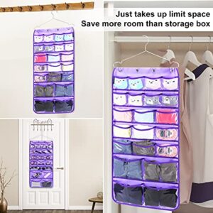 ANZORG Dual Sided Hanging Organizer for Jewelry Makeup Storage Closet Organizers for Bows Socks Underwear with 42 Clear Pockets (PURPLE)