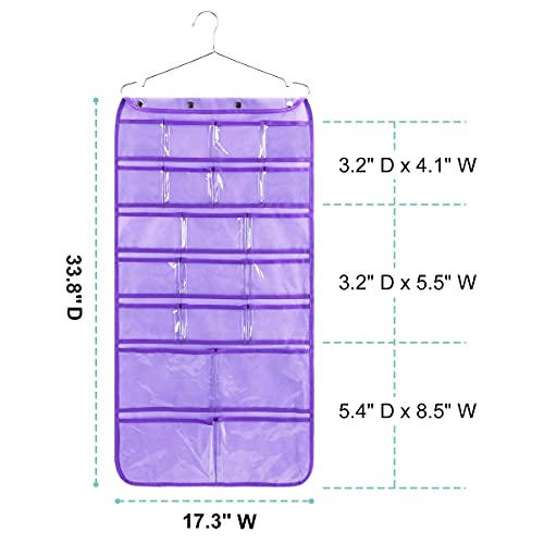 ANZORG Dual Sided Hanging Organizer for Jewelry Makeup Storage Closet Organizers for Bows Socks Underwear with 42 Clear Pockets (PURPLE)