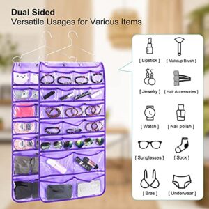 ANZORG Dual Sided Hanging Organizer for Jewelry Makeup Storage Closet Organizers for Bows Socks Underwear with 42 Clear Pockets (PURPLE)