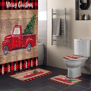4 pcs shower curtain sets with non-slip rugs, toilet lid cover, bath mat merry christmas red truck pull xmas tree on retro wooden board bathroom decor waterproof shower curtain with 12 hooks