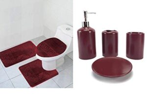 wpm world products mart 7 piece bath accessory set bathroom rugs contour mat, ceramic accessories (burgundy)