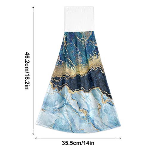 2 Pack Hand Towel Blue Gold Marble Abstract Modern Kitchen Hanging Towels for Hand, Face, Hair, Gym, Yoga, Dishcloth, Kitchen and Bath