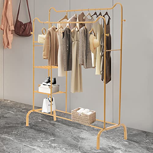 Cute Cat Ear Shaped Gold Garment Rack Clothes Rack 4 Tier Storage Shelves Heavy Duty Clothing Rack Portable Wardrobe Closet Organizer Standing Clothes Rack