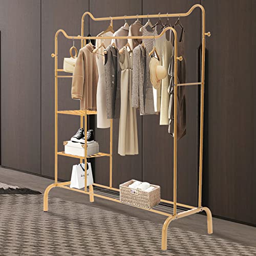 Cute Cat Ear Shaped Gold Garment Rack Clothes Rack 4 Tier Storage Shelves Heavy Duty Clothing Rack Portable Wardrobe Closet Organizer Standing Clothes Rack