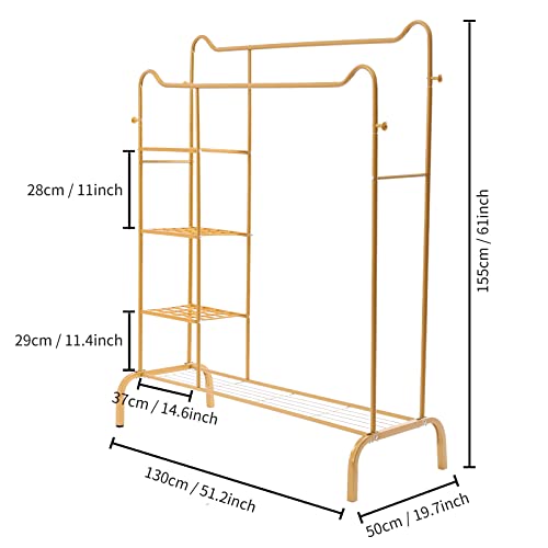 Cute Cat Ear Shaped Gold Garment Rack Clothes Rack 4 Tier Storage Shelves Heavy Duty Clothing Rack Portable Wardrobe Closet Organizer Standing Clothes Rack