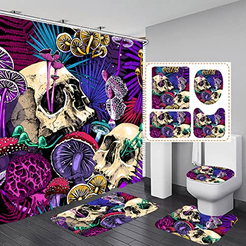 RinRinfam 4Pcs Purple Trippy Mushroom Shower Curtain Set, Fantasy Plant Skeleton Cool Skull Shower Curtain Set Non-Slip Rug,Toilet Lid Cover,U Shape Mat,Waterproof Bathroom Decor Sets with 12 Hooks