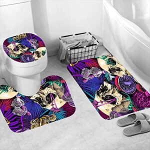 RinRinfam 4Pcs Purple Trippy Mushroom Shower Curtain Set, Fantasy Plant Skeleton Cool Skull Shower Curtain Set Non-Slip Rug,Toilet Lid Cover,U Shape Mat,Waterproof Bathroom Decor Sets with 12 Hooks