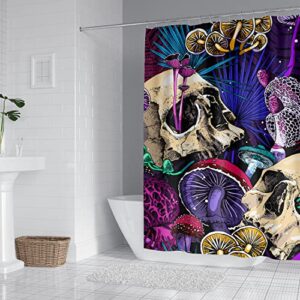 RinRinfam 4Pcs Purple Trippy Mushroom Shower Curtain Set, Fantasy Plant Skeleton Cool Skull Shower Curtain Set Non-Slip Rug,Toilet Lid Cover,U Shape Mat,Waterproof Bathroom Decor Sets with 12 Hooks