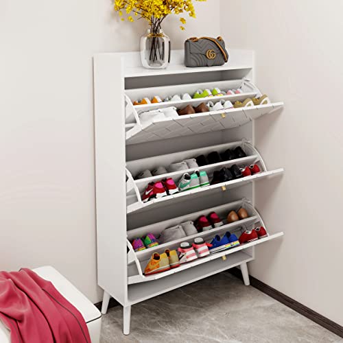 Yoluckea Shoe Cabinet with 3 Flip Drawers, Modern White Freestanding Shoe Rack Storage Organizer with Top Shelf, 3-Tier Shoe Storage Cabinet for Entrance Hallway (White)