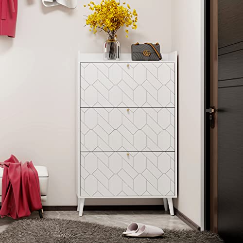 Yoluckea Shoe Cabinet with 3 Flip Drawers, Modern White Freestanding Shoe Rack Storage Organizer with Top Shelf, 3-Tier Shoe Storage Cabinet for Entrance Hallway (White)