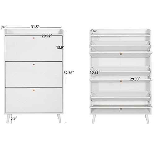 Yoluckea Shoe Cabinet with 3 Flip Drawers, Modern White Freestanding Shoe Rack Storage Organizer with Top Shelf, 3-Tier Shoe Storage Cabinet for Entrance Hallway (White)