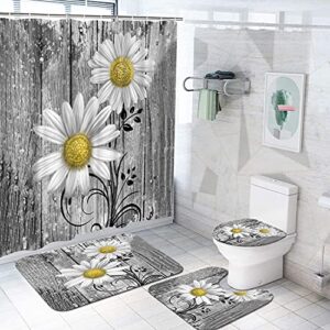 duobaorom 4 pieces set daisy shower curtain set yellow and white flower rustic wood art on non-slip rugs toilet lid cover bath mat and bathroom curtain with 12 hooks 72x72inch
