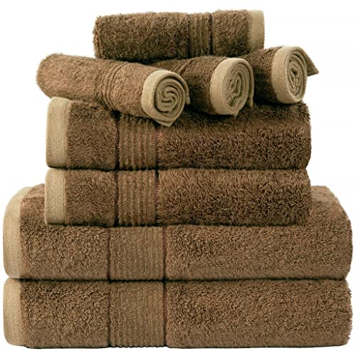 PRIME COLLECTIONS Ultra Soft Luxury Bamboo Cotton Bath Towel Set 8 Piece Towels 600 GSM 2 Bath Towels 2 Hand Towels and 4 Washcloths (Dark Brown, 8)