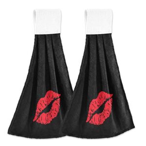 yyzzh red lip on black kitchen hand towels with hook & loop set of 2 absorbent bath hand towel hanging tie towel