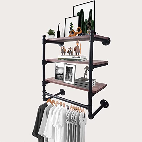 lesolar Industrial Pipe Clothing Rack Wall Mounted with Top Shelf,3-Tier Rustic Retail Garment Rack Display Rack,Pipe Shelving Floating Shelves Wall Shelf,24in Steam Punk Commercial Clothes Racks